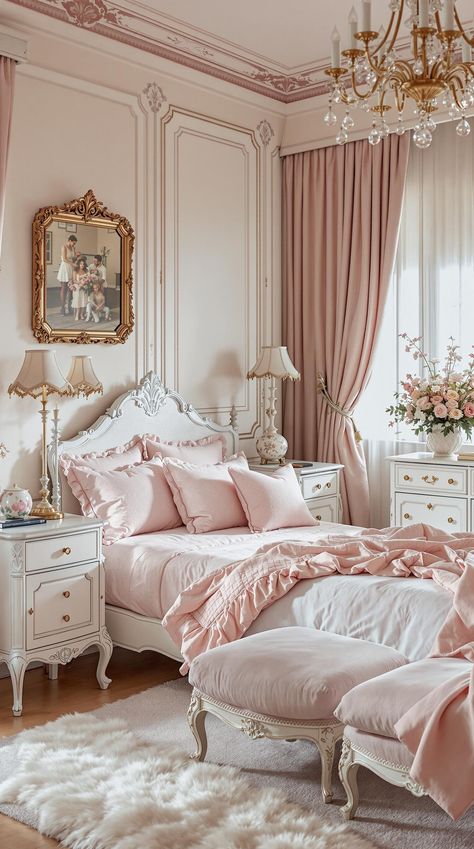 Pink Bedroom Ideas Pink Toile Bedroom, French Bed Design, Beautiful Pink Bedrooms, Chic Feminine Bedroom, Classic Pink Bedroom, Pink French Country Bedroom, Pink Rococo Bedroom, Feminine Primary Bedroom, Teen Paris Bedroom