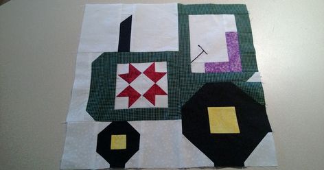 Hello everyone! This weekend I was working on my Quilty-Barn-Along blocks and was thinking it could really use a tractor with all of those ... Tractor Quilt, Free Baby Quilt Patterns, Boys Quilt Patterns, Free Quilt Tutorials, House Quilt Patterns, Patchwork Blocks, Farm Quilt, Quilt Block Patterns Free, Barn Quilt Patterns