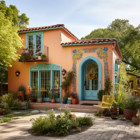 Teal And Coral House Exterior, One Story Mexican Style Homes, Mexican Hacienda Homes Exterior, New Mexico House Exterior, Latin House Exterior, Latino House Aesthetic, Traditional Mexican House Exterior, Mexican Exterior Houses, Southwest House Exterior