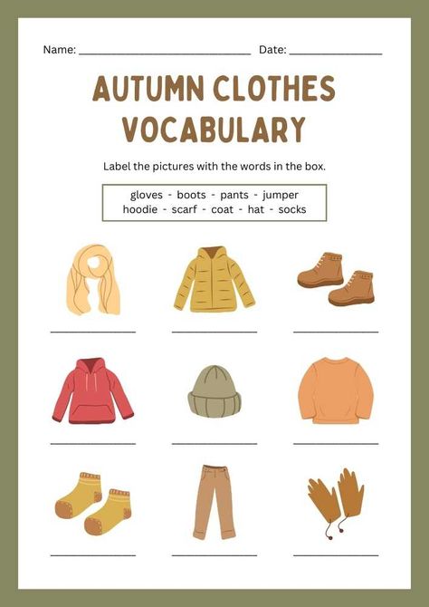 Autumn Clothes Vocabulary Worksheet Autumn English Activities, Vocabulary Clothes, Autumn Challenge, Clothes Worksheet, Fall Vocabulary, Fall Lesson Plans, Fall Lessons, To Autumn, English Activities