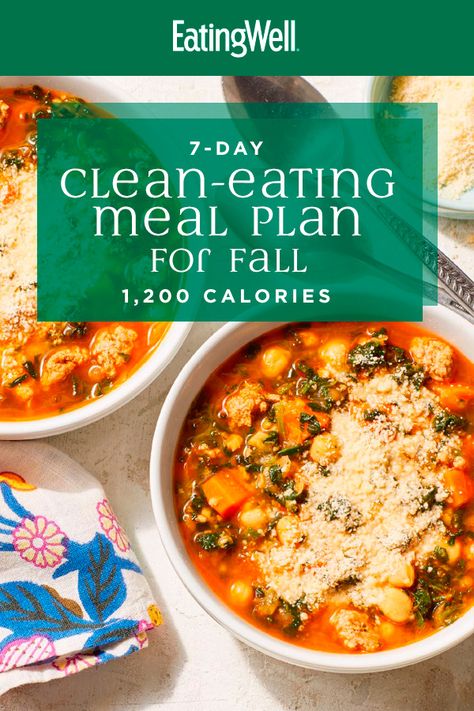 Your 7-day clean-eating meal plan includes simple and easy clean-eating recipes that will warm you from the inside out, all packed with fiber and antioxidants to keep you satisfied and your immune system running smoothly. #mealplan #mealprep #healthymealplans #mealplanning #mealplanideas #healthyrecipes 30 Days Of Clean Eating, Clean Eating Menu Plan Week 1, Detox Meal Plan 7 Day, Healthy Food Plan For A Week, Easy Clean Eating Meal Plan, Clean Eating Magazine Recipes, Simple Clean Eating Meal Plan, Clean Eating Food List, Eating Well Recipes