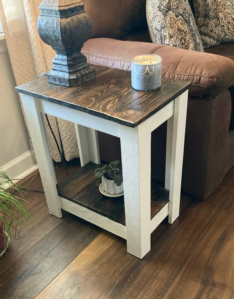 "Quality handmade solid wood table.  This table is the perfect size for an end table, a nightstand or any side table. Measures 14\" wide x 21\" long x 24\" high Ships fully assembled, just unbox and enjoy! Made from top chosen pine wood! Each table is hand sanded, stained and painted.  The table shown is painted in antique white (one of 4 color options) with dark walnut stain on the tops. Real Wood Variations: Even though we seek to duplicate the picture representation of each of our handmade pr Cottage End Tables, Handmade End Tables, Diy Wooden End Tables, Cool End Tables, Western End Tables, Farmhouse End Table Decor, Diy Side Table In Living Room, Table Legs Ideas Wooden Diy, Farmhouse End Tables Living Room