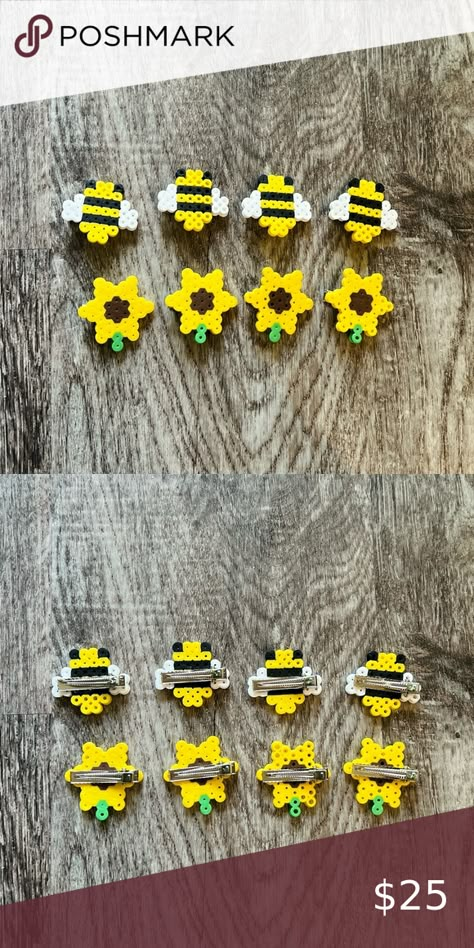 Bumble bee sunflower handmade hair clips barrette perler beads Perler Beads Paper Clip, Bee Hama Beads, Perler Bead Bee Pattern, Perler Sunflower, Perler Hair Clip, Yellow Perler Bead Patterns, Perler Beads Bee, Sunflower Perler Bead, Sunflower Perler Bead Patterns