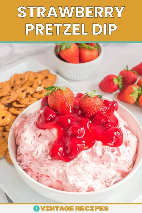 Get ready to be smitten by this scrumptious Strawberry Pretzel Dip, a delightful fusion of sweet and salty flavors that will leave your taste buds dancing! This delectably creamy dip combines cream cheese, fluffy whipped topping, strawberry pie filling, powdered sugar, and salty pretzels for an irresistible snack. Get the easy recipe and find out how to make the best strawberry pretzel dip for parties, game nights, or as a unique dessert. Dips With Pretzels, Sweet Dip For Pretzels, Strawberry Pretzel Salad Dip, Strawberry Pretzel Dip, Dip For Strawberries, Pretzel Dip Recipes, Dip For Parties, Strawberry Cheesecake Dip, Salty Pretzels