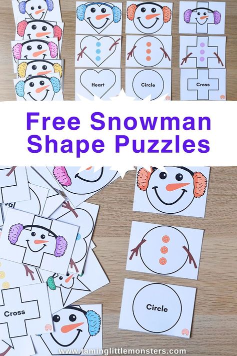 Free Printable Snowman Shape Puzzles for Kids.    This is a great math activity for toddlers and preschoolers. Learn all about 2D shapes with this fun winter themed freebie!    #winter #math #STEM #freeprintable Winter Math Ideas For Preschool, Winter Holiday Homework For Kindergarten, January Learning Activities For Preschool, Snowman Shape Matching, Preschool Mazes Free Printable, Snowflake Matching Free Printable, Winter Patterns Preschool Free Printable, Winter Preschool Math Activities, December Math Activities Preschool