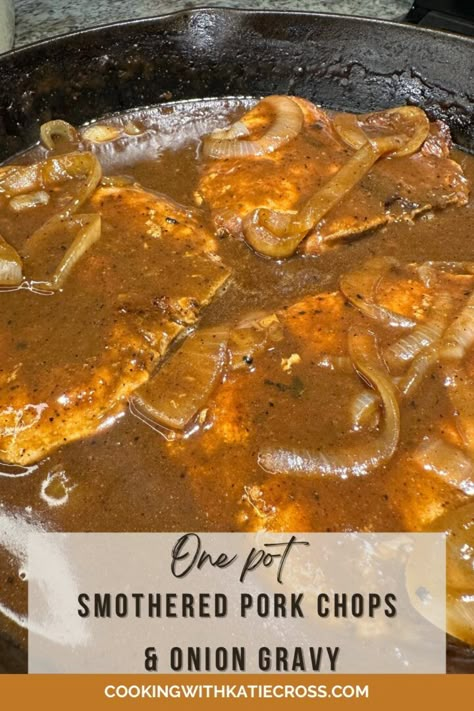 Smothered Pork Chops & Onion Gravy Easy Boneless Pork Chops, Boneless Pork Loin Chops Recipes In Oven, Smothered Pork Chops Stove Top, Crockpot Pork Chops And Gravy, Pork Chop Gravy Recipe, Baked Smothered Pork Chops In Oven, Smothered Pork Chops In Oven, Pork Chop Gravy, Pork Chops Pan Seared