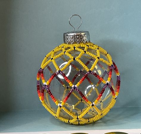 Native Beaded Christmas Ornaments, Swarovski Crystals Diy, Christi Belcourt, Native Patterns, Beaded Ornament Covers, Bead Ornaments, Beaded Work, Native Beading Patterns, Holiday Beading