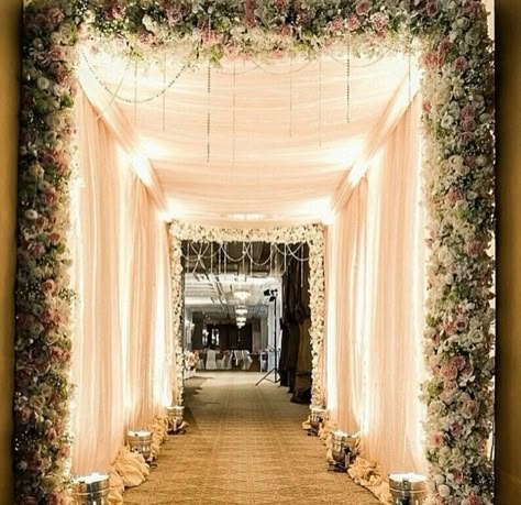 Wedding Walkway, Wedding Reception Entrance, Hall Decorations, Reception Entrance, Wedding Hall Decorations, Wedding Entrance Decor, Wedding Stage Design, Desi Wedding Decor, Wedding Mandap