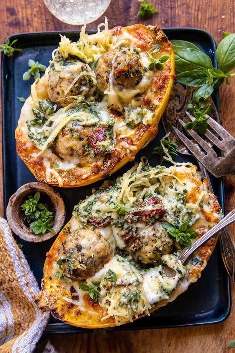 Garlic Butter Chicken Meatball Stuffed Spaghetti Squash | halfbakedharvest.com Healthy Dinner Whole 30, Apple Somas, Butter Squash Recipes Healthy, Butternut Squash Meatballs, All Natural Dinner Recipes, Spaghetti Squash With Meatballs, Spaghetti Squash Recipes Healthy Clean Eating, Buffalo Spaghetti Squash, Meals With Spaghetti Squash