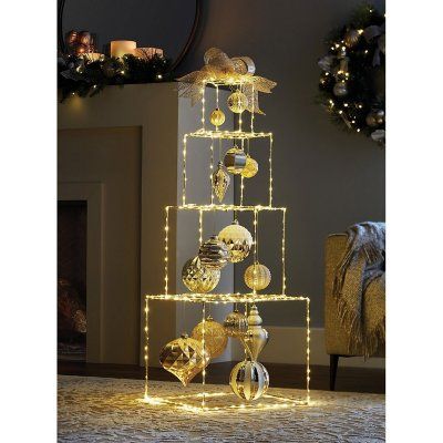 Metal Wire Christmas Tree, Stacked Gift Boxes, Ornament Tree Display Walmart, Wire Christmas Tree Michaels Stores, Wire Christmas Tree Spiral, Hotel Christmas, Wire Christmas Ornaments Diy Beaded Snowflake, Indoor Holiday Decor, Warm White Led Lights