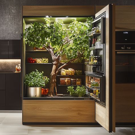 The Pantree is a revolutionary tech-enabled pantry that merges nature and innovation. Inside, a living tree grows, nourished by a smart ecosystem that recycles food waste into nutrient-rich soil. This self-sustaining pantry not only stores your kitchen essentials but also purifies the air, offering a seamless blend of modern convenience and organic beauty right in your home. Conceptual AI Art Follow @ecosapiens for more! Self Sustaining, Rv Remodel, Smart Tech, Growing Tree, Ecosystem, Remodel Ideas, Food Waste, Organic Beauty, Kitchen Essentials