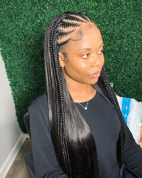 Cornrows In Front Sew In Back, Straight Back Weave Hairstyles, Braids With Sow In, Feed In Weave Hairstyles, Braided In The Front Straight In The Back, Braid With Hair Out In The Back, Briads In The Front Straight Hair In The Back, Braids With Balls At The End, Braids To The Scalp With Weave