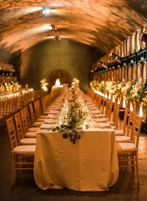 Elegant Sonoma Wedding in A Wine Cave - Inspired By This Cellar Wedding Decoration, Wine Cellar Dinner Party, Indoor Winery Wedding, Wine Cellar Wedding Reception, Irish Wedding Ceremony, Hobbit Hole Door, Wine Cave Wedding, Texas Greenhouse, Floating Water Candles