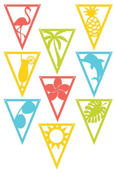 Tropical themed party decorations, cut on the Cricut or Silhouette, are perfect for any beachy party! Get all nine detailed SVG or DXF files and feel like you're sitting on the sand. Wedding Luau, Beach Birthday Decorations, Tropical Themed Party, Tropical Svg, Flag Printable, Flag Template, Hawaiian Party Decorations, Fiesta Tropical, Personalized Bow