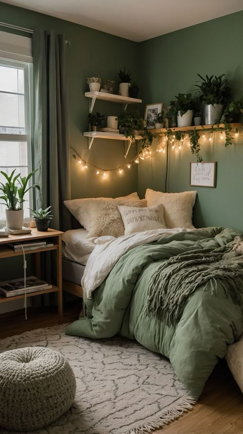 Trendy Dorm Room Decorating Ideas Sage Green Dorm Room Ideas, Bedroom Sage Green Bedding, Boho Bedroom Sage Green, Small Boho Bedroom, Sage Green Dorm Room, Green Dorm Room Ideas, Sage Green Boho Bedroom, Green Boho Bedroom Ideas, Green Dorm Room