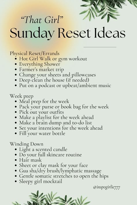 Weekly Glow Up Routine, That Girl Weekly Routine, Productive Sunday Routine, Saturday Reset Routine, Week Reset Routine, Sunday Reset Routine List, Reset Sunday Routine, Weekly Goals Ideas Inspiration, Sunday Reset Ideas