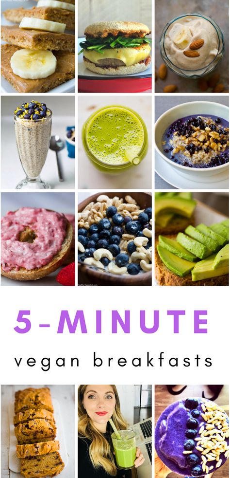 12 Five-Minute Vegan Breakfasts - HealthyHappyLife.com Vegan Fruit Breakfast, Vegan Breakfast Recipes Easy Quick, Fast Vegan Breakfast, Vegan Breakfast Quick, Easy Vegan Breakfast Recipes, Quick Vegan Breakfast Ideas, Easy Vegan Brunch, Simple Vegan Breakfast, Quick Vegan Breakfast