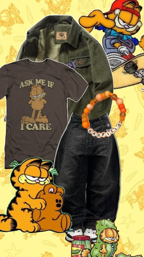 Outfit based on Garfield Garfield Outfit Ideas, Dorky Outfits, Kidcore Outfit Boy, Garfield Outfit, Justin Core, Garfield Aesthetic, Kidcore Outfit, Silly Clothes, Outfit Inso