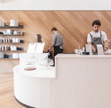 cool tiled front and corian top - love the timber paneling behind Timber Paneling, San Francisco Cafe, Dispensary Design, Corian Top, Cafe Interiors, Resturant Design, Wooden Panelling, Small Coffee Shop, Retail Fixtures