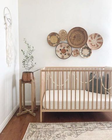 A modern boho bedroom your child can grow with – Sea Tribe Basket Wall Nursery, Boho Baby Nursery, Boho Baby Room, Modern Boho Bedroom, Basket Wall, Baby Room Design, Nursery Inspo, Nursery Baby Room, Neutral Nursery