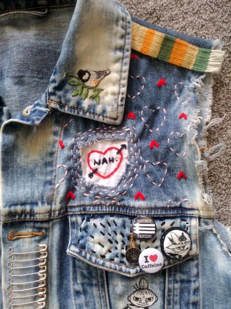 Mine and other’s jackets and patches as well as some generally cool punk fashion Also, just embroidery. I like embroidery Punk Jacket Diy, Diy Patches Punk, Denim Patches Diy, Punk Denim Jacket, Diy Vest, Pins On Denim Jacket, Jean Jacket Patches, Patch Jacket, Denim Jacket Patches