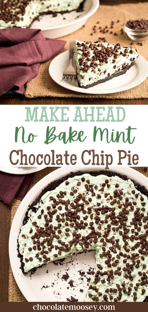 Our Make Ahead No Bake Mint Chocolate Chip Pie tastes like mint chocolate ice cream in pie form without the melted mess. Since they last up to a week flavor-wise, you can make no bake pies a few days before serving so you aren’t stuck the night before making dessert if you’re on a tight schedule. Pi Day Desserts, Yule Desserts, Mint Chocolate Chip Pie, Chips Ideas, Mint Pie, Mint Desserts, Chocolate Chip Pie, Weight Watcher Desserts, Popular Dessert