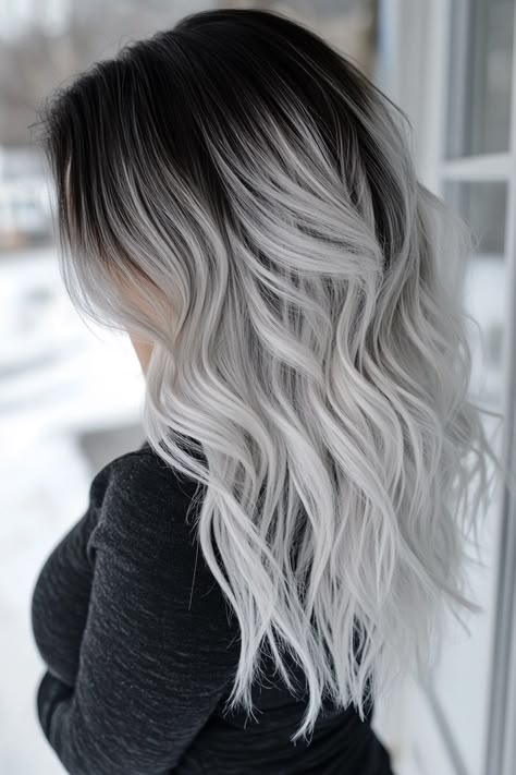 Winter Wonderlocks: 21 Stunning Hair Color Trends to Try This Season Platinum Silver Balayage, Dark Brown White Hair, Long Platinum Blonde Hair With Shadow Root, Ice Blonde Balayage Brunette, Winter Icy Blonde Hair, Dual Tone Hair, Silver Hair Dark Roots, Icy Brunette, Winter Hair Color Ideas For Blondes