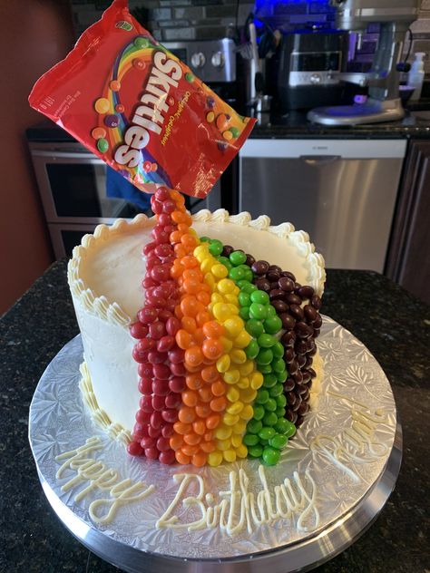 Skittles Themed Birthday Party, Skittles Birthday Cake, Candy Filled Cake, 21st Birthday Cake For Guys, Skittles Cake, Rainbow Skittles, Gravity Cakes, Cake Rainbow, Gravity Defying Cake