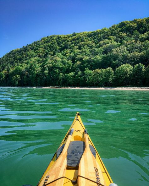 Image of a yellow sea kayak on Green Lake Michigan water near Empire Bluff in the Sleeping Bear Dunes Kayaking In Michigan, Beach With Flowers, Road Trip Vibes, 2023 Bucket List, Midwest Vacations, Usa Dream, Vacation Board, We Outside, Midwest Road Trip