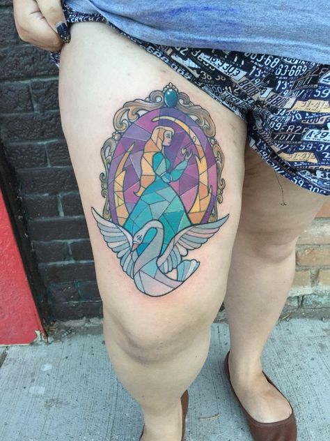 The Swan Princess stained glass piece by Christina Knapp at Pretty in Ink (Williston,ND) The Swan Princess Tattoo, Swan Princess Tattoo, Stained Glass Tattoo Ideas, Stain Glass Tattoo, Disney Childhood, Stained Glass Tattoo, The Swan Princess, Glass Tattoo, Kid Name Tattoo