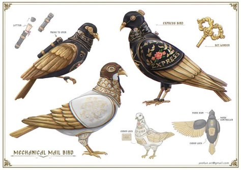 Feng Zhu Design, Feng Zhu, Steampunk Bird, Steampunk Book, Steampunk Animals, Mechanical Animals, Steampunk Artwork, Props Concept, Dnd Items