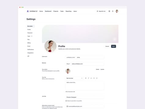 My details settings page — Untitled UI by Jordan Hughes® on Dribbble Web Design Inspiration Layout, Analytics Design, Profile Website, Ui Website, Web Portfolio, Profile Images, Social Media Advertising Design, Useful Things, Web Detail