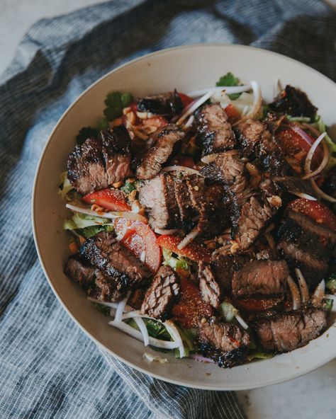 Grilled Thai Beef Salad (Weeping Tiger Salad) | Chris Cooks - Chris Loves Julia Tiger Salad, Thai Steak Salad, Thai Steak, Thai Beef Salad, Thai Beef, Food Bbq, Red Onion Salad, Beef Salad, Marinated Beef