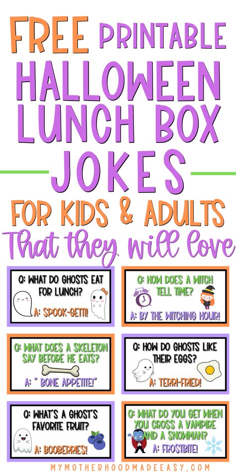 31+ Funny Halloween Jokes for Kids Lunch Box Notes [+FREE Printable] – My Motherhood Made Easy Halloween Jokes For Kids Free Printable, Halloween Jokes For Kids Hilarious, Halloween Kids Jokes, Halloween Lunch Ideas For Kids, Halloween Lunchbox Jokes, Lunch Box Jokes For Kids, Halloween Notes, Halloween Jokes For Kids, Halloween Lunch Ideas