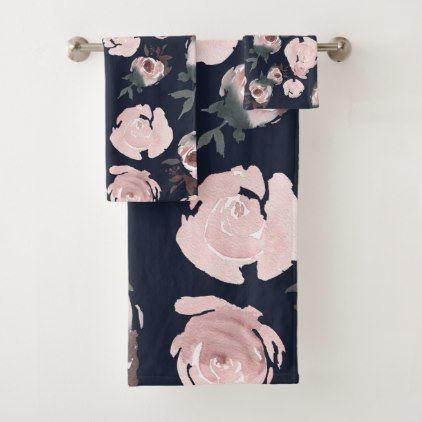 Pink Bathrooms, Floral Bath Towels, Navy Bathroom, Monogrammed Bath Towels, Mini Mart, Monogrammed Hand Towels, Patterned Bath Towels, Floral Bath, Watercolor Roses