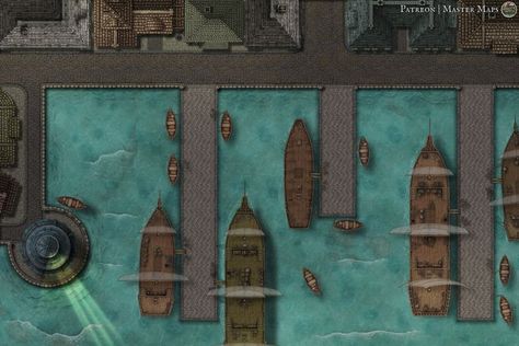 #dock #harbor #wharf #pier #marina #city #town #boat #ship #sail #sailing #keel #ocean #lighthouse #light #house #D&D #dnd #pathfinder #d20 #RPG #fantasy #map #maps #battlemap #battle Dnd Docks Battle Map, Dnd Harbor Map, Dnd Places, Ocean Lighthouse, Marina City, Fantasy City Map, Steampunk Characters, Map Ideas, Dnd Inspiration