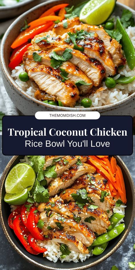 What To Serve With Coconut Rice, Coconut Rice With Chicken, What To Eat With Coconut Rice, Coconut Rice Meal Ideas, Chicken Sweet Potato Rice Bowl, Indian Rice Bowl Recipe, Chicken And Shrimp Rice Bowls, Coconut Chicken Rice Bowl, Tropical Dinner Recipes