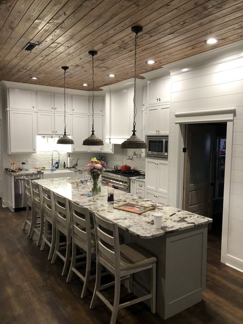 Kitchen With Dark Ceiling, Over Island Ceiling Design, Kitchen With Pine Ceiling, Shiplap On Ceiling In Kitchen, 10 Foot Island Kitchen, 12 Foot Ceilings Kitchen, White Kitchen With Shiplap Ceiling, Kitchen 10 Foot Ceiling, Grey Shiplap Island Kitchen