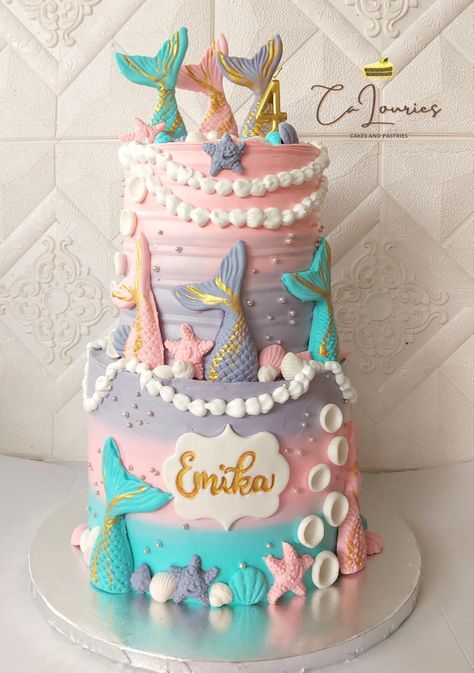 Mermaid Tiered Cake, Mermaid Cake Two Tier, Mermaid Two Tier Cake, Elsa Pasta, Mermaid Themed Cake, Maket Pasta, Double Layer Cake, Army Costume, Kids Army