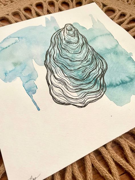 Oyster Drawing Illustration, Oyster Drawing Simple, Oyster Line Drawing, Oyster Drawing, Oyster Tattoo, Oyster Watercolor, Watercolor Oyster, Sea Abstract, A Line Drawing