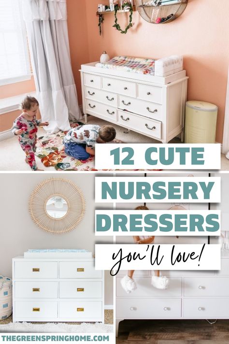 Looking for the best nursery dressers that double as a changing table? You're going to love these 12 affordable, stylish and top-rated nursery dresser ideas! You'll find changing table options for your baby in white, natural wood, navy blue and more. Baby Crib With Changing Table, Cheap Baby Dresser, Changing Table On Top Of Dresser, Best Nursery Dresser, Diy Dresser Changing Table, Dresser With Changing Table On Top, Change Table Ideas, Baby Changing Table Ideas, Baby Dresser Changing Table