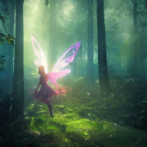 Fairy Land Magical Forest, Fairies Background, Fairy In Forest, Fairy Flying, Magic Pictures, Fairy Background, Nature Fairy, Fairies Flying, Pink Wings