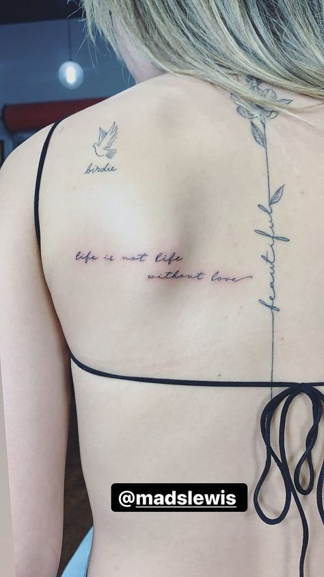 Women Tattoo Placement, Word Tattoo Placements, Back Tattoo Placements, Doodle Tattoos, Quote Tattoos Placement, Spinal Tattoo, Maching Tattoos, Small Back Tattoos, Mads Lewis