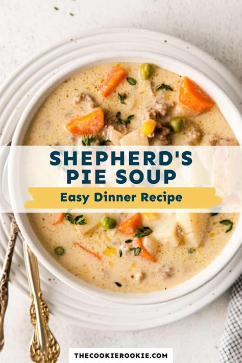 Simple and savory Shepherd's Pie Soup is a fun twist on a traditional hearty dinner recipe. Perfect for chilly nights! Shepherds Pie Soup Instant Pot, Easy Shepherds Pie Soup, Chilly Night Dinner Ideas, Shepherd's Pie Soup, Shepard Pie Soup Crockpot, Shepards Pie Soup Recipe, Shepards Pie Soup Crockpot, Shepard’s Pie Soup, Shepard Pie Soup Recipes