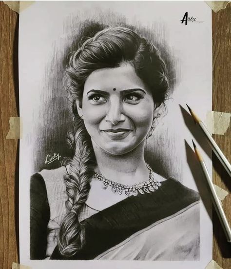 Samantha Cute Pics, Bollywood Sketch, Ragavendra Swamy Images Good Morning, Portraits Reference, Person Sketch, Crafts Bookmarks, Digital Painting Photoshop, Sketch Images, Celebrity Art Portraits