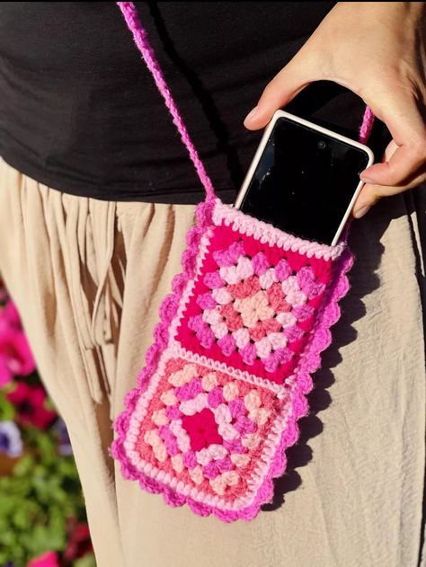 Crochet cell phone holder :)  4 colours available Crochet Phone Strap, Phone Holder Crochet, Crochet Bag Holder, Phone Crochet, Grandma Square Crochet, Phone Case Holder, Crochet Phone Cases, Holder Phone, Square Crochet