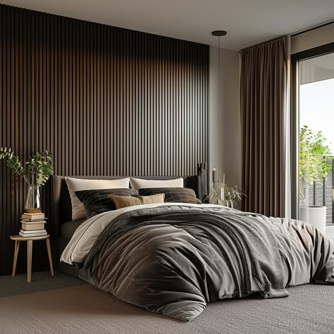 Smoked Oak Acoustic Slat Wood Wall Panels – Decorative & Soundproofing – SmaFan.com Sound Panels Decorative Wood, Bedroom Wood Slats, Dark Bedroom Wall Decor, Bedroom With Wall Panels, Bedroom Ideas With Wall Panels, Acoustic Wall Bedroom, Wood Slate Bedroom Wall, Woodupp Bedroom, Bedroom Acoustic Panelling