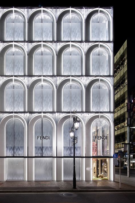 Fendi Ginza Six - Picture gallery Mall Facade, Hotel Facade, Retail Facade, Fashion Drawing Sketches, Facade Lighting, Ginza Six, Glass Structure, Boutique Decor, Ancient Buildings