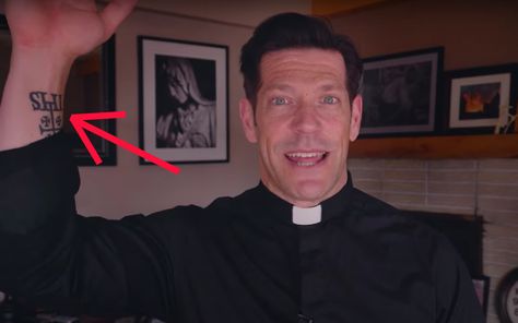 Fr. Mike Schmitz Got a Tattoo & He's Not Exactly Happy About It - Totus Tuus Tattoo, Roman Catholic Tattoos, Orthodox Tattoo, Small Catholic Tattoos, Greek Symbol Tattoo, Fr Mike Schmitz, Father Mike Schmitz, Faith Tattoos, Catholic Tattoos