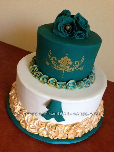 Coolest Teal and Gold Cake ...This website is the Pinterest of birthday cakes Teal And Gold Cake, Teal Wedding Cake, Teal Cake, Quince Cakes, Wedding Cake Cake, Quince Cake, Green Wedding Cake, Gold Birthday Cake, Quinceanera Cakes